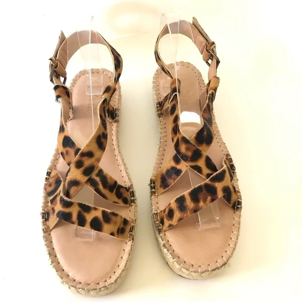 Madewell Malia Asymmetric Leopard Leather Calf Hair Espadrille Sandal Size 91/2